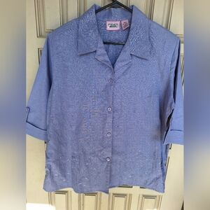 Plus Sz18W Linen/Cotton Blouse Blue Embroidered 3/4Sleeve Collar Button Front